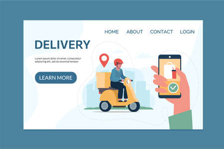 Food delivery service concept and app for tracking online orders, home delivery. Electric moped courier. Website template with flat style vector illustrationsのイラスト素材