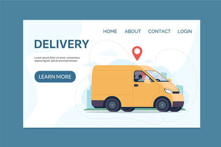 Home delivery service concept. Delivery van, courier on the truck. Website template with flat vector illustrationsのイラスト素材