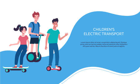 Vector web banner with children on electric transport. Kids ride wheelers..Colorful illustration in cartoon style on a blue background and text. Teenagers, boys and girls ride.のイラスト素材