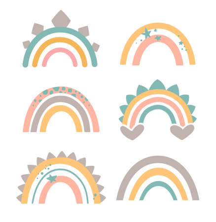 Lovely rainbows in delicate pastel colors. Dinosaur patterns. Boho style, vector set. Pink, green, yellow, gray.のイラスト素材