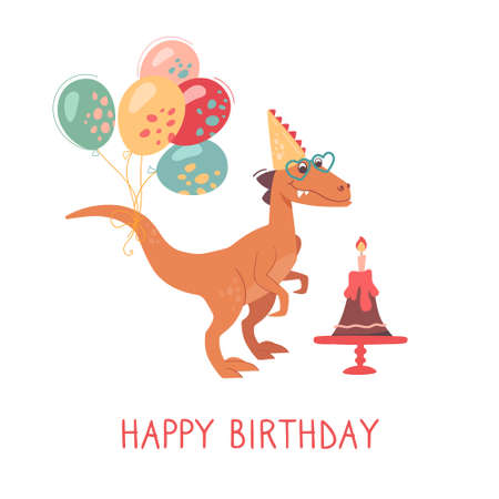 Cheerful Velociraptor with a birthday cake with a candle and balloons. Happy birthday card. Dino in heart-shaped sunglasses and a cap. Dinosaur holiday, funny vector greeting card, white background.のイラスト素材