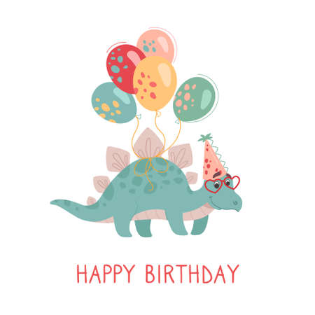 Funny green stegosaurus on a greeting card. Festive dinosaur with balloons wearing heart glasses. Baby vector postcards for printing, white background.のイラスト素材