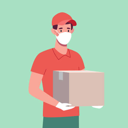 A courier wearing a protective mask and gloves, who brought the box. Delivery man, safe delivery. Vector in flat style, green backgroundのイラスト素材