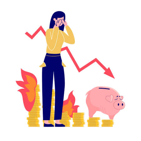 Inflation, vector concept. The woman is crying with despair, the money is on fire, the piggy bank is empty, the pockets are empty. Flat style isolated on white backgroundのイラスト素材