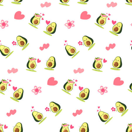 Seamless vector texture for valentines day.A pair of avocado lovers gently green with pink flowers, hearts.Vegetarian wallpaper,packaging,textiles, holiday print of love.Isolated on a white backgroundのイラスト素材