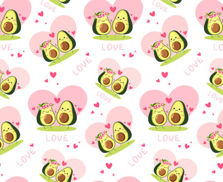 Seamless vector texture for valentines day.A pair of avocado lovers gently green with pink flowers, hearts.Vegetarian wallpaper,packaging,textiles, holiday print of love.Isolated on a white background.のイラスト素材