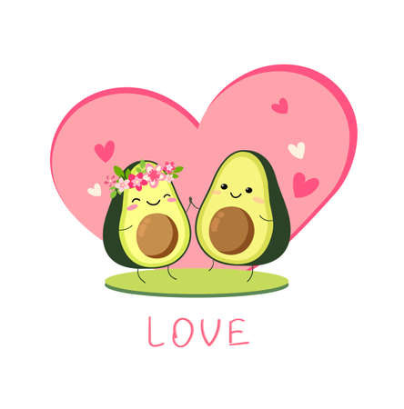 Cute vector cartoon avocado couple holding hands, Valentines day greeting card. Funny poster. .two avocado lovers on the lawn on the background of a pink heart. isolated on white background.のイラスト素材