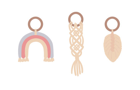 Handmade macrame for kids. Knitted boho decoration for newborns. DIY craft. Vector illustration, isolated background, hand-drawn.のイラスト素材