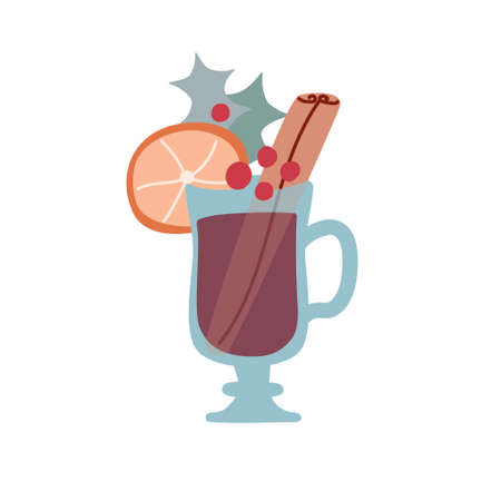 Christmas drink mulled wine with cinnamon and holly decorations. Vector illustration in flat style on white backgroundのイラスト素材