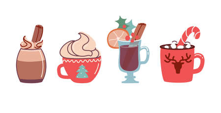 Set of Christmas drinks cocoa with marshmallows and hot chocolate and mulled wine. vector illustration in flat style isolated on white backgroundのイラスト素材