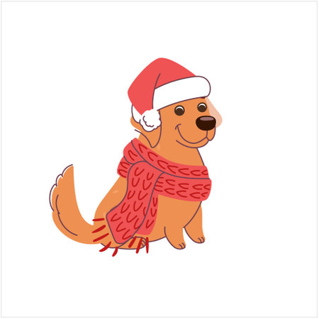 Labrador dog in a Christmas hat and knitted scarf. Vector illustration in flat style isolated on white backgroundのイラスト素材