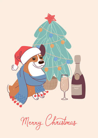 Funny dog welsh corgi on christmas card. Vector greeting card in flat styleのイラスト素材