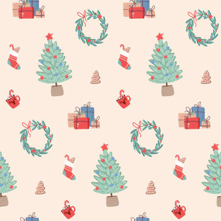 Christmas background with gifts, wreaths and gifts. Vector seamless pattern in flat style