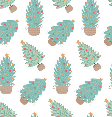 Seamless pattern with Christmas trees. Vector wallpaper in flat style.のイラスト素材