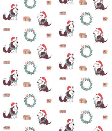 Christmas background with wreaths and dogs. Vector seamless pattern in flat style.のイラスト素材