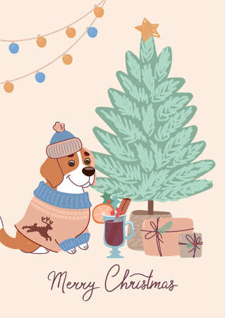 Cute dog beagle in a knitted sweater on christmas card. Vector greeting card in flat style with lettering Merry Christmasのイラスト素材