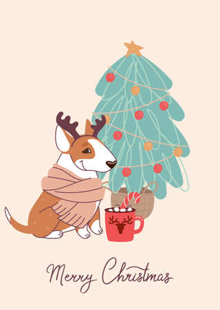 Cute dog bull terrier on christmas card. Vector greeting card in flat style.のイラスト素材