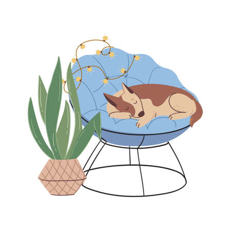 Sleeping dog in a chair. Illustration with an animal resting in an easy chair. Cozy vector composition in flat styleのイラスト素材