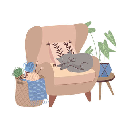Sleeping cat in a chair. Illustration with an pet resting in an easy chair, next to a basket with knitting. Cozy vector composition in flat styleのイラスト素材