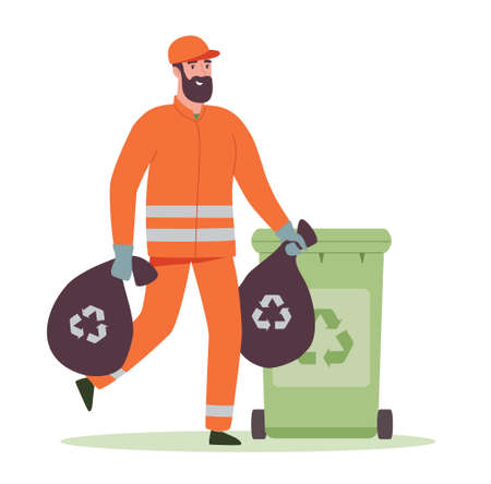 Janitor in carries bags of garbage into the trash can in the city. A man in uniform cleans up waste in recycle containers for separate rubbish reuse. Vector illustration in flat style on a whiteのイラスト素材