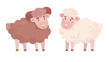 Fluffy ram and sheep, animal vector illustration in cartoon style. Set of cute farm animals.のイラスト素材