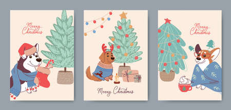 Set of fun Christmas cards with cute dogs of different breeds. Vector greeting cards in flat style. Cartoon characters labrador, husky and corgi in festive costumes near the Xmas treeのイラスト素材