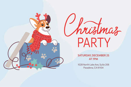 Corgi climbs out of a holiday box Christmas present. New Year banner, party invitation in cartoon style on a blue background. Vector. Cute dog decorates a winter cardのイラスト素材