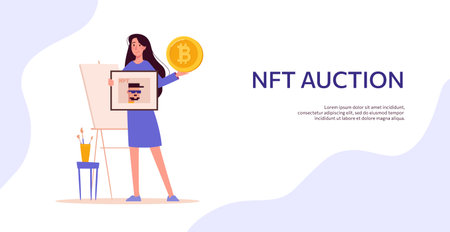 Banner Auction NFT, sale of non-fungible tokens of paintings for cryptocurrency. Girl art dealer sells art on the Internet. Vector flat. Web Templateのイラスト素材