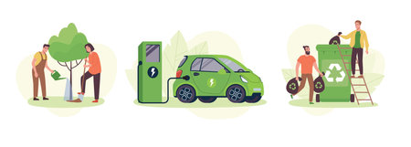 The concept of caring for the environment. People plant a tree, sort garbage, recycle organic waste, an electric car charges the battery from the station. Eco illustration,green lifestyle. Vector flat.のイラスト素材