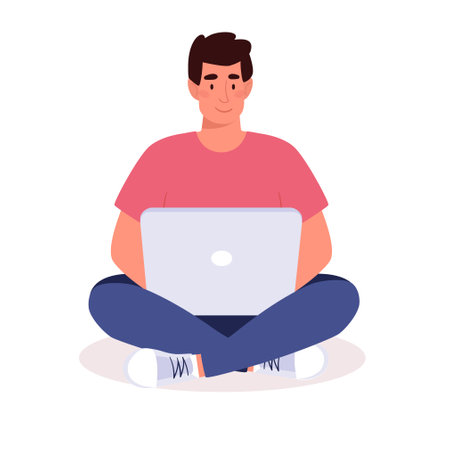 Freelancer working on a laptop. The man works at home, earning money on the Internet. Remote work, part-time work, training. Modern technologies. Vector flat illustration boy, isolated backgroundのイラスト素材