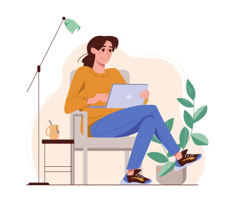 Freelancer working on a laptop. The cute girl works at home, earning money on the Internet. Remote work, part-time work, training, education. Vector flat illustration woman, isolated backgroundのイラスト素材