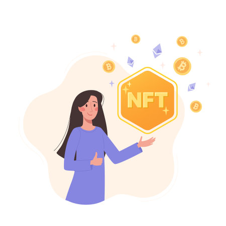 Nft concept..The girl represents nft and shows a thumbs up. Modern vector illustration in a flat style on a light background.のイラスト素材