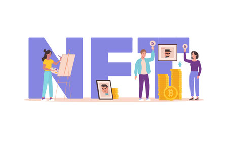 Nft concept. A girl artist draws pixelated pictures and sells non-fungible tokens for cryptocurrency bitcoin on Internet, auction. Modern flat style vector illustration isolated on white background.のイラスト素材