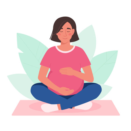 A pregnant woman practices yoga. The girl sits in an asana, meditates. Active pregnancy. Siddhasana, virasana on the mat. Vector illustration in flat style, isolated background with foliageのイラスト素材