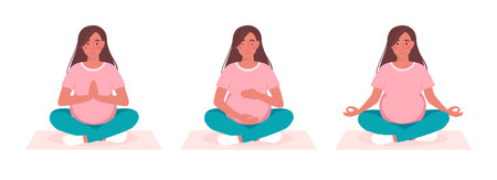 Pregnant woman is doing yoga. The girl sits in different poses, asanas. Active pregncy. Siddhasana, virasana, lotus. Set of vector illustration in flat style, isolated background.のイラスト素材
