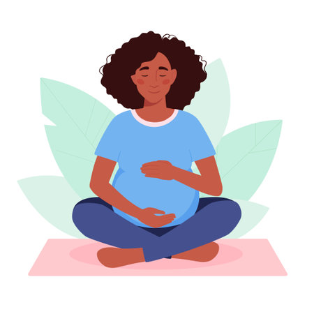 A pregnant African American woman practices yoga. The girl sits in an asana, meditates. active pregnancy. Siddhasana, virasana. Vector illustration in flat style, isolated background with foliageのイラスト素材