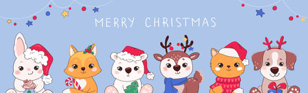 Christmas cute banner with animals. Funny cartoon characters on new year horizontal web banner. Deer, puppy, kitten, fox, hare, bear cub and Christmas decorations. Vector in a flat style on a blue.のイラスト素材