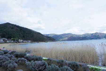 View of the lake and the mountains from the shore. High quality photoの写真素材