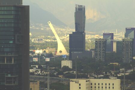 Approach to the cable-stayed bridge on a cloudy day in Monterrey Mexicoの写真素材