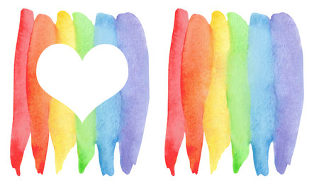Watercolor set of vertical rainbows. Abstract rainbow painting background. Hand drawn, paper texture. Vector. Colorful. Red, orange, yellow, green, blue, violet, purple isolated on white backgroundの写真素材