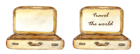 Travel the world watercolor opened brown vintage suitcases setの写真素材