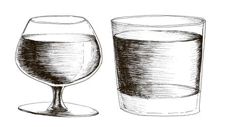 Vector monochrome sketch style illustration of hand drawn brandy and whiskey wine glass isolated on white background. Doodle ink lineartのイラスト素材