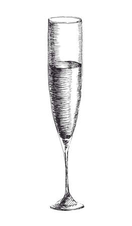 Vector monochrome hand drawn sketch style illustration of champagne and wine wineglass isolated on white background.のイラスト素材