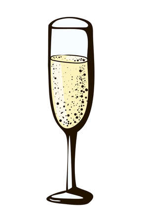 Vector doodle hand drawn sketch black yellow illustration of champagne glass, sparkling wine drink cheers symbol sign line icon on white backgroundのイラスト素材