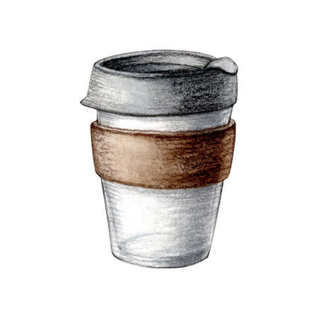Watercolor illustration zero waste glass coffee cup isolated on white background. Eco-friendly...