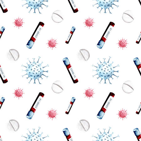 Watercolor hand drawn coronavirus medical supplies seamless pattern. Watercolour health care background with drugs, sanitizers, pills, covid-19 vaccine and tests isolated on white background.の写真素材