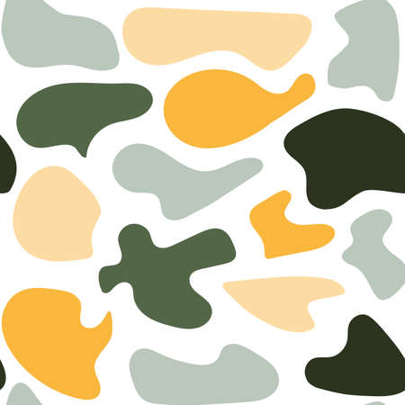 Yellow and green seamless pattern. Hand drawn various shapes and doodle objects. Abstract contemporary modern trendy vector illustration. Stamp texture. Every pattern is isolated. Vector illustrationのイラスト素材