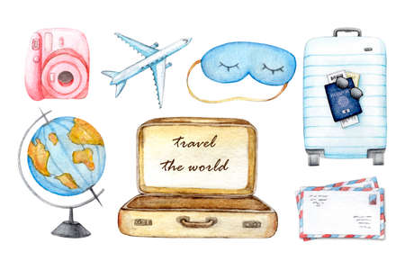 Travel set of icons with airplane, the globe, suitcase, sleep mask, camera, vacation and recreation. Watercolor hand draw illustration for Tourism day on white isolated background.の写真素材