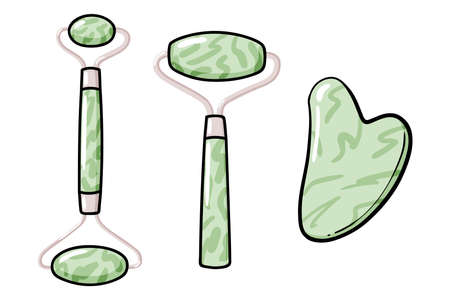 Gua Sha and facial massage roller tool isolated on white background. Green quarts stone self massage scraper. Home beauty routine. Modern flat doodle set of illustrations of Gua Shaのイラスト素材