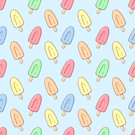 Pastel rainbow ice cream seamless pattern vector illustration. Kids background of sunblind and ice cream in pastel colors isolated on blueのイラスト素材